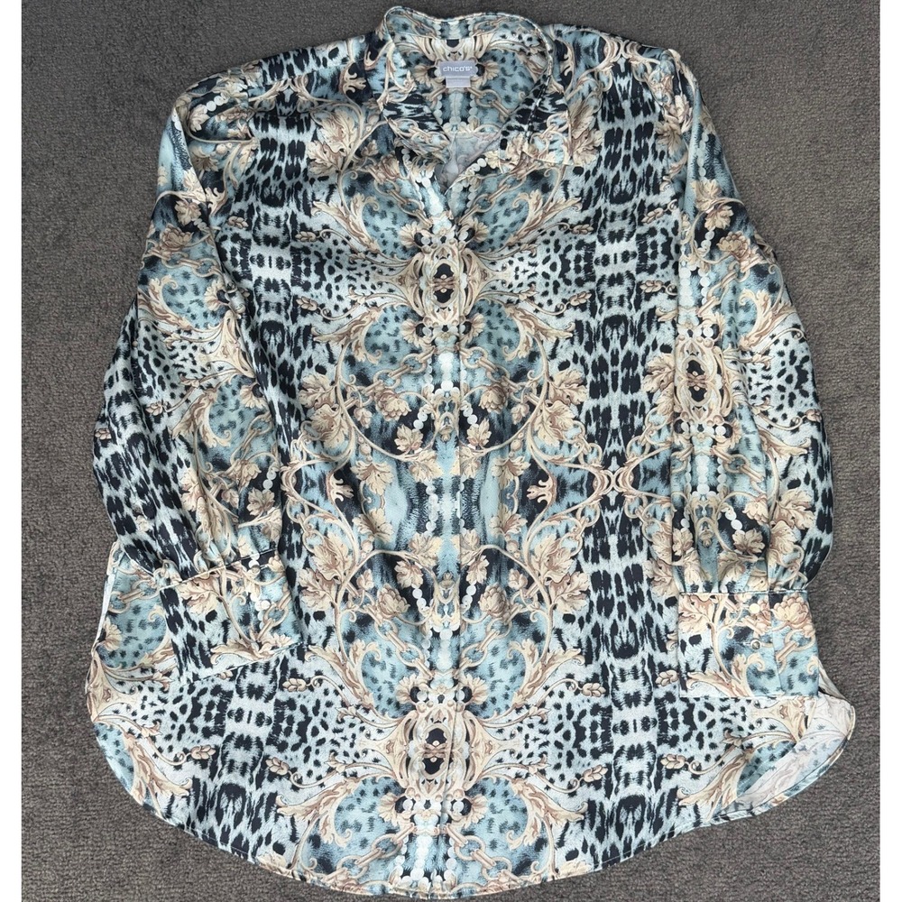 Chicos Blue Leopard Baroque Print Button Down Tunic Blouse Top Size 3 16/18